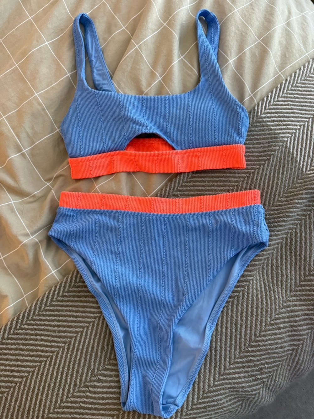 aerie Blue Ribbed Bikini with Coral Trim